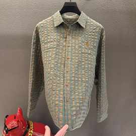 秋季上新泡泡纱格子舒适透气长袖上衣男士纽扣轻奢时尚感衬衫衬衣