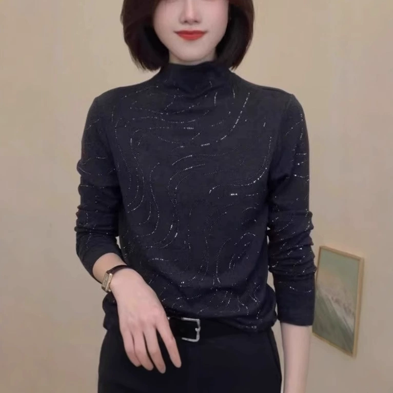 Иностранные перфораторы с половинным воротником нижняя рубашка женская осень-зима мода повседневная потеря возраста тонкая мама с длинными рукавами теплая топ