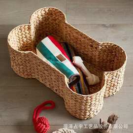 跨境水葫芦草编收纳篮狗骨头造型玩具零食储物筐草编收纳筐杂物篮