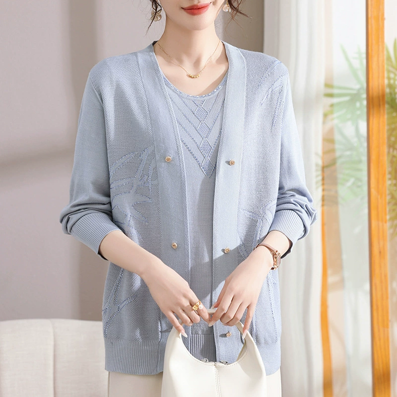 Весенние топы Temperament Mom, новый женский костюм-двойка среднего и пожилого возраста, весенне-осенний тонкий вязаный кардиган, модный и повседневный