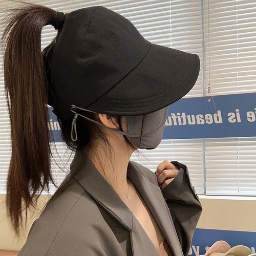 Summer Plain Color Thin Women's Hairstyle Can Tie High Ponytail Can Hang Mask Sun Protection Hat Outdoor Breathable Lace Visor Hat