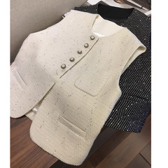 C注文を輸出して、お客さんはウールの明るい花を提供していますねさっぱりした形があります。小香風丸首ベストコートの女性です。