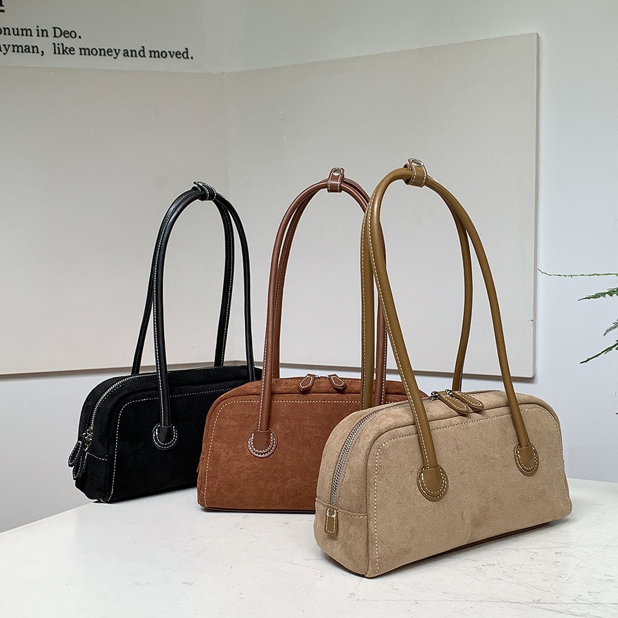 Autumn suede stick with simple leather splicing design, underarm bag, women's plush fashionable versatile shoulder bag_voghion.com