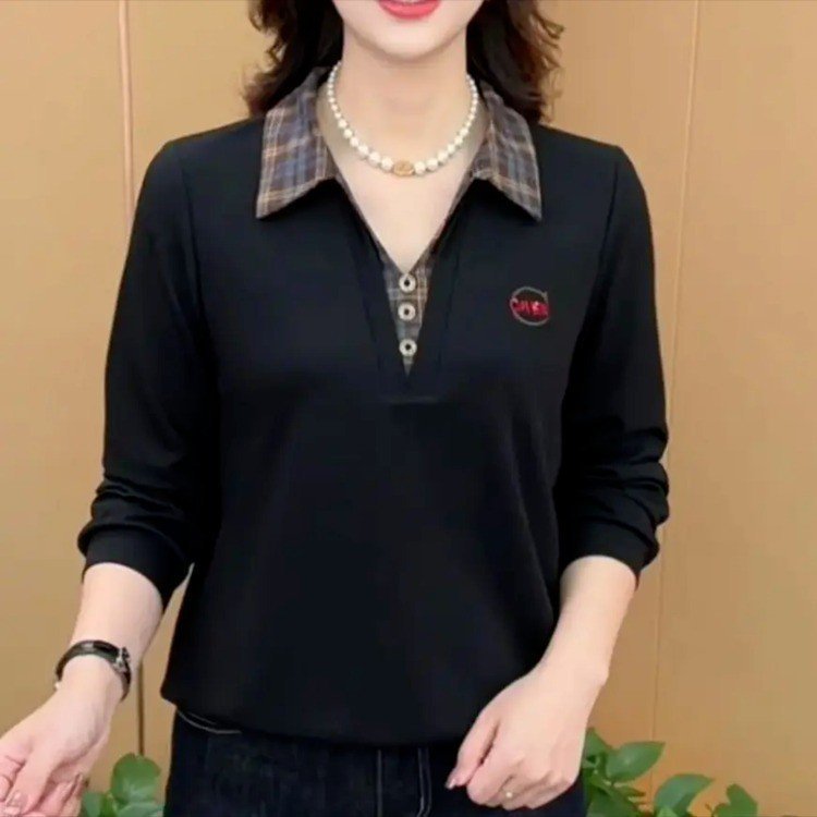一件代发直播爆款2025春秋季新款翻领假两件长袖T恤女上衣妈妈装|undefined