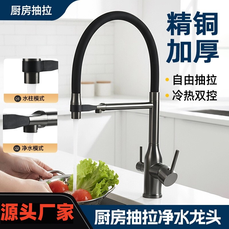 High-End Exquisite Kitchen Pull-Out Faucet, All-Copper Bracket with Zinc-Coated Copper Body, Three-In-One Dual-Tube Water Purification Faucet High-End Exquisite Kitchen Pull-Out Faucet, All-Copper Bracket with Zinc-Coated Copper Body, Three-In-One Dual-Tube Water Purification Faucet