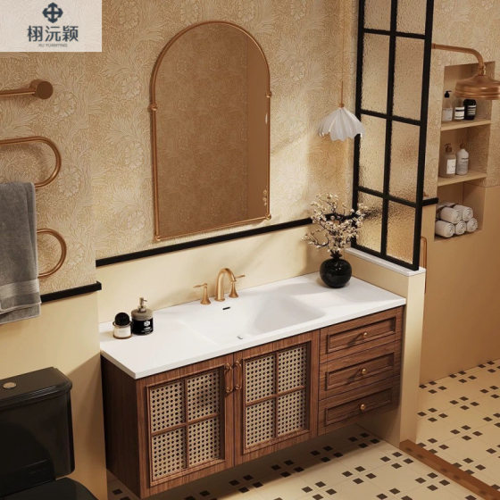 Middle Ancient Style Bathroom Cabinet Solid Wood Baking Paint Washbasin Bathroom Washbasin Combination Retro Rattan Ceramic All-in-One Basin