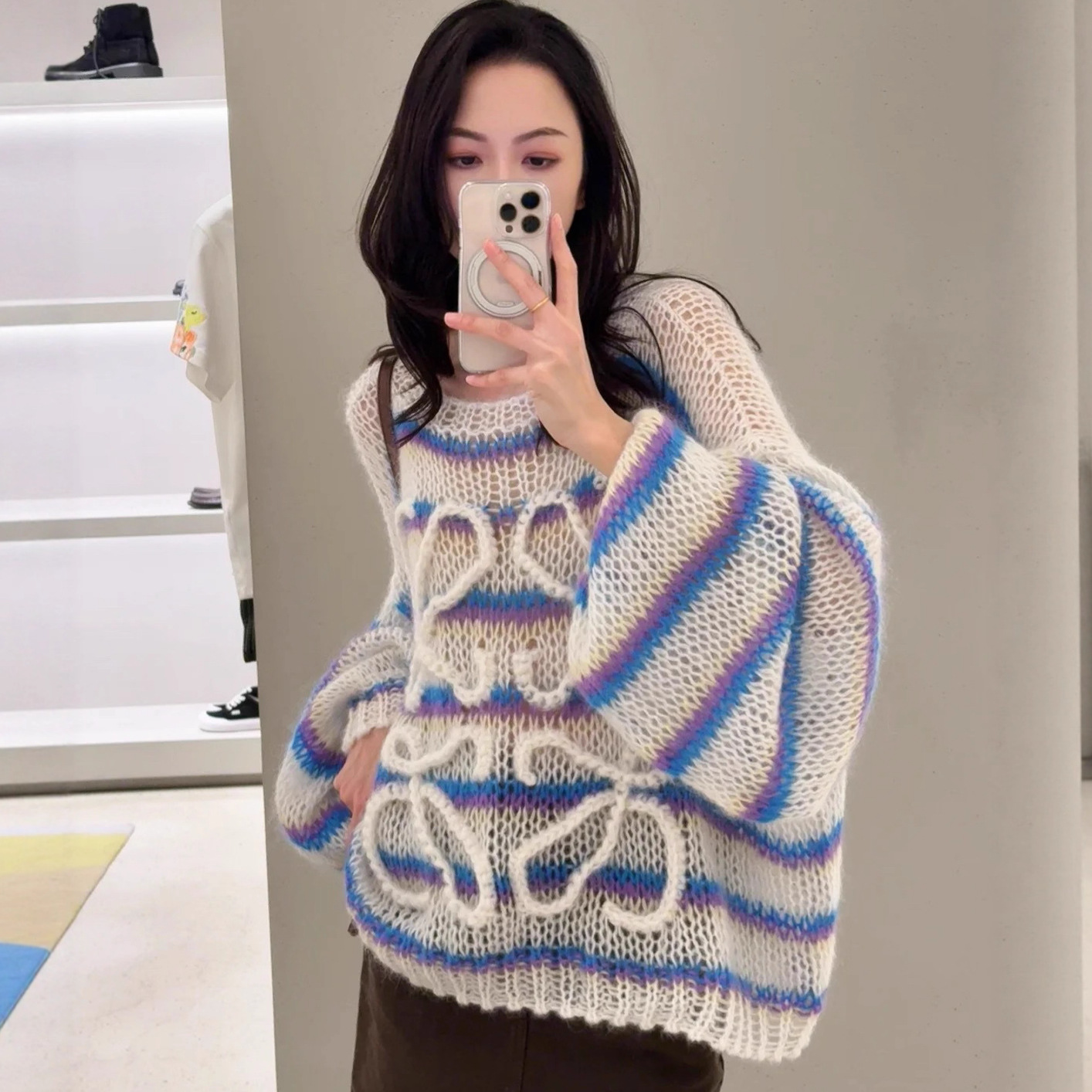 Lo*We Hollow-Out Color-Block Round Neck Pullover Knit Sweater for Women, Sweet, Fresh, Lazy Style, Versatile Sweater, Japanese and Korean Style