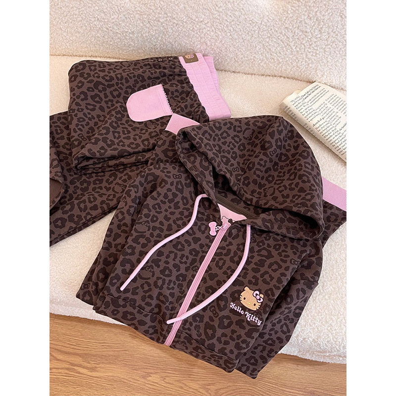 甜酷豹纹Kitty猫连帽卫衣睡衣女秋季新款长裤可外穿家居服套装潮|undefined