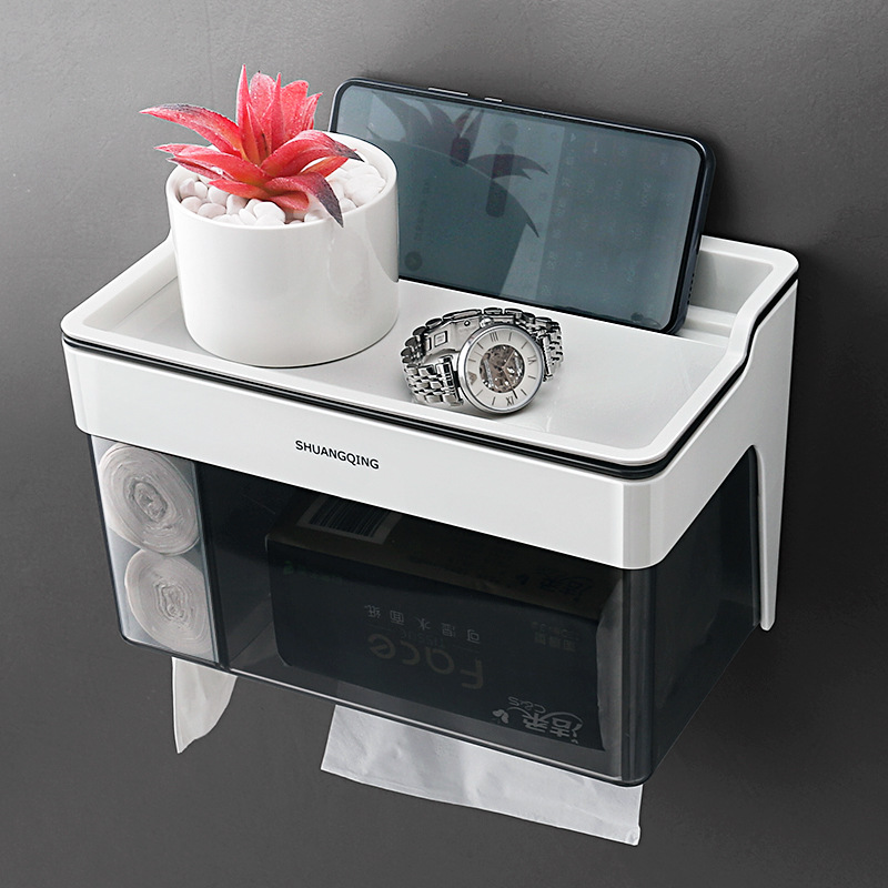 Caja de pañuelos de baño Soporte de pañuelos de papel sin perforaciones montado en la pared del inodoro Soporte de toallas de papel de gran capacidad Soporte de rollo de papel de baño