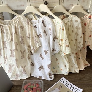 Spring and Summer Women's Double Cotton Yarn Bear Print suit Pajamas Lace Sweet and Comfortable Home Clothes Pajamas