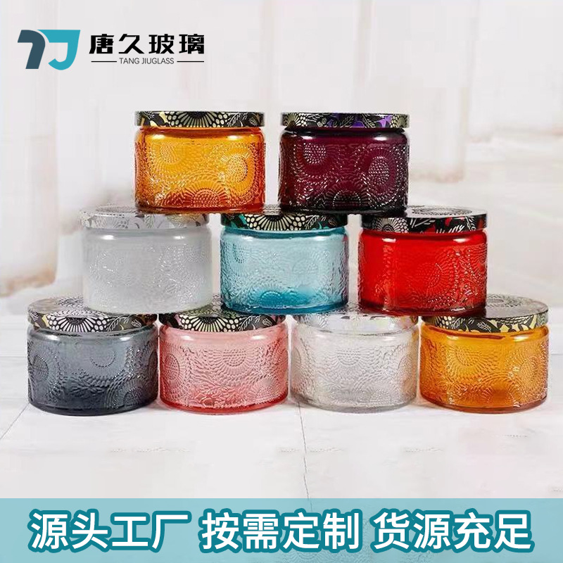 Fragancia para el hogar pequeña taza de vela en relieve de color con tapa botella de vela de vidrio de bricolaje recipiente de vela botella transparente