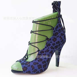 外贸款蓝色豹纹绑带凉靴女成年jazz舞蹈靴高跟Heels现代舞拉丁鞋