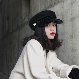 Korean Leather Beret Women's Autum Korean Style Student Cute Versatile Pu British Style Octagonal Hat Pumpkin Hat