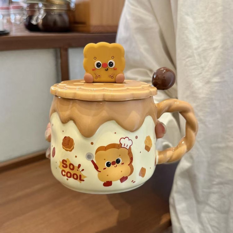 Creativo lindo pan tostado taza de cerámica casera con cucharas de cubierta de agua alta cara hermosa taza de marca para niños