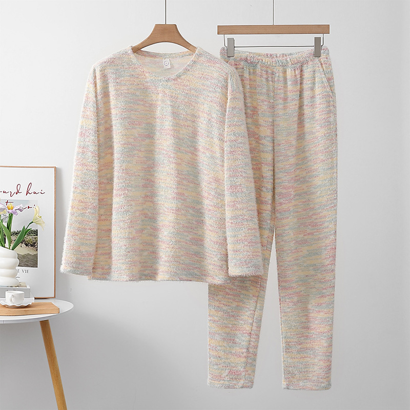 Knitted Women's Long-Sleeved Pants Pajamas Extended Version 110 Autumn and Winter Can Be Worn Outside 175 Furry Home Clothes Set (High)