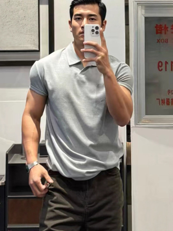 健身短袖男士夏季简约纯色中式POLO衫亨利领运动透气收袖口短袖潮|undefined