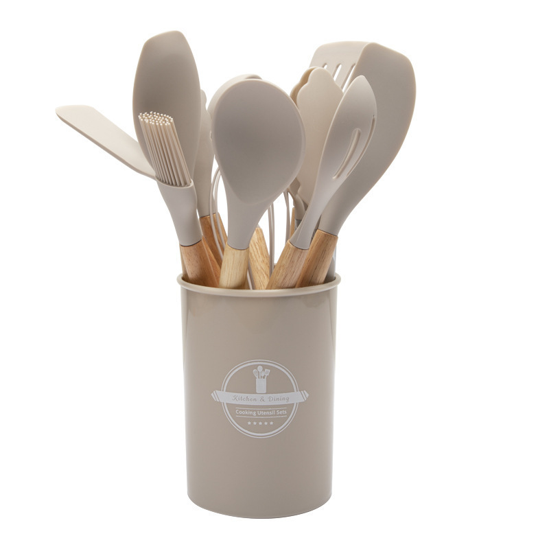 Una olla antiadherente mango de madera cocina de silicona 12 piezas set cocina barril de almacenamiento cocina de silicona 12 piezas set