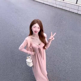【两件套】2025新款法式纯欲风粉色吊带连衣裙子女早秋季开衫套装