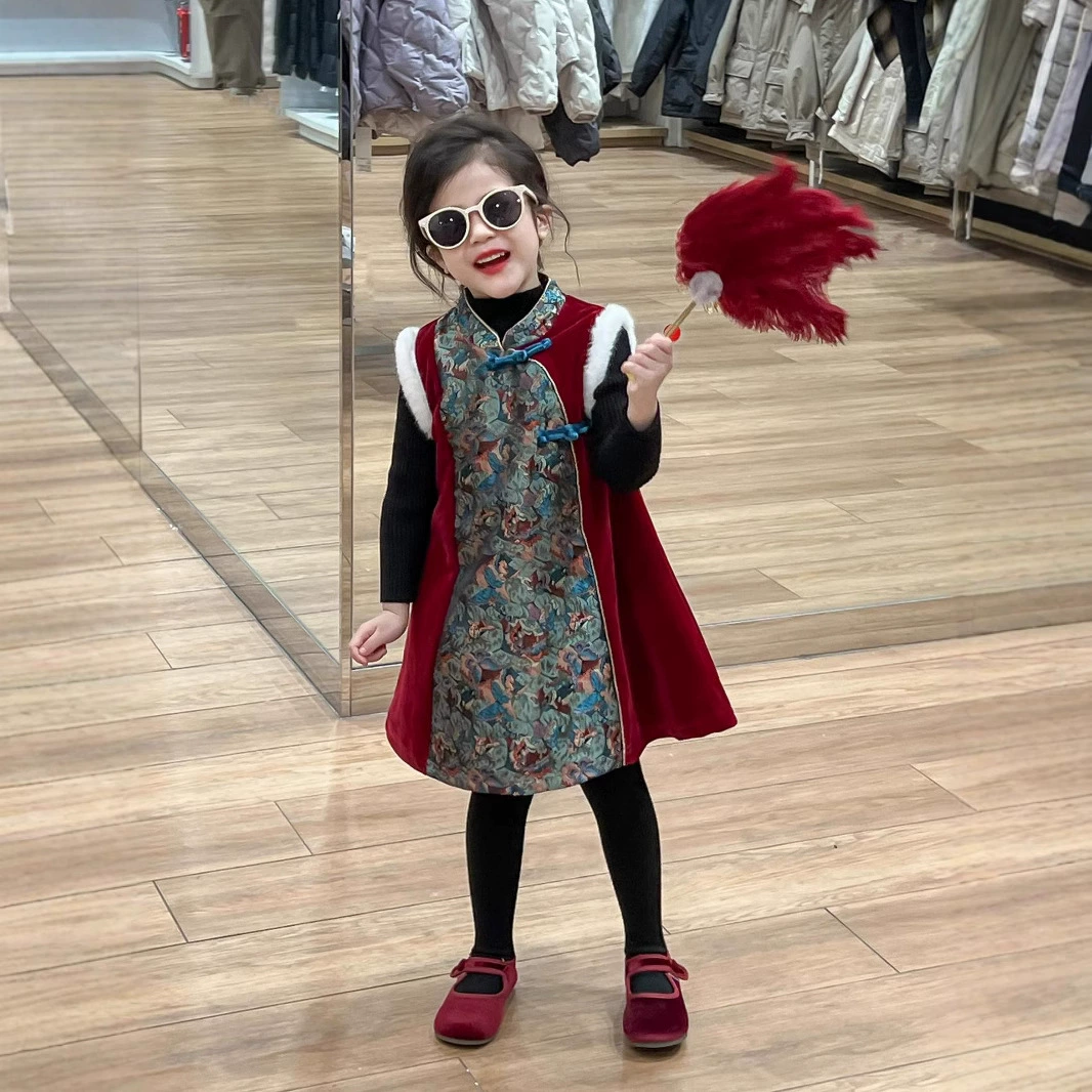 Китайский стиль новогоднее платье для девочек с волосами атласный бархат