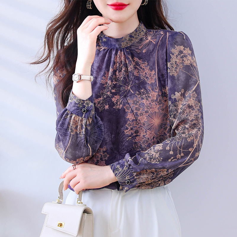 브랜드 실크 셔츠 여성의 가을 새로운 긴팔 티셔츠 탑 하이 엔드 뽕나무 실크 작은 셔츠 패션 프린트 셔츠