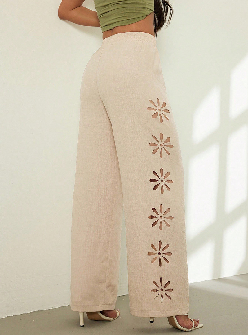 Women's Clothing Women's Casual Trousers Drawstring Hollow Out Solid Color Loose Wide Leg Pants Simple Style_ecoleips.com
