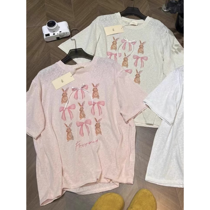 工場在庫外国貿易韓国弓ウサギ漫画かわいい半袖 Tシャツ女性の夏のルーズレイジースタイルトップ|undefined