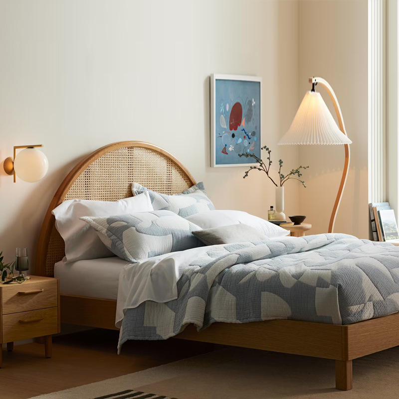 Modern Simple Solid Wood and Wicker Bed 1.8m Double Bed Nordic Japanese Master Bedroom Home Stay French Retro Bed