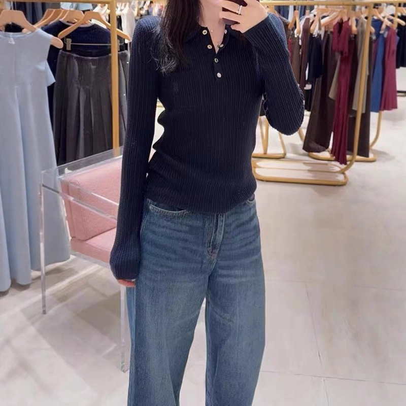 French Elegant 2025 New Autum Dark Blue Ribbed Cable Lapel Slim Pullover Knitwear Top
