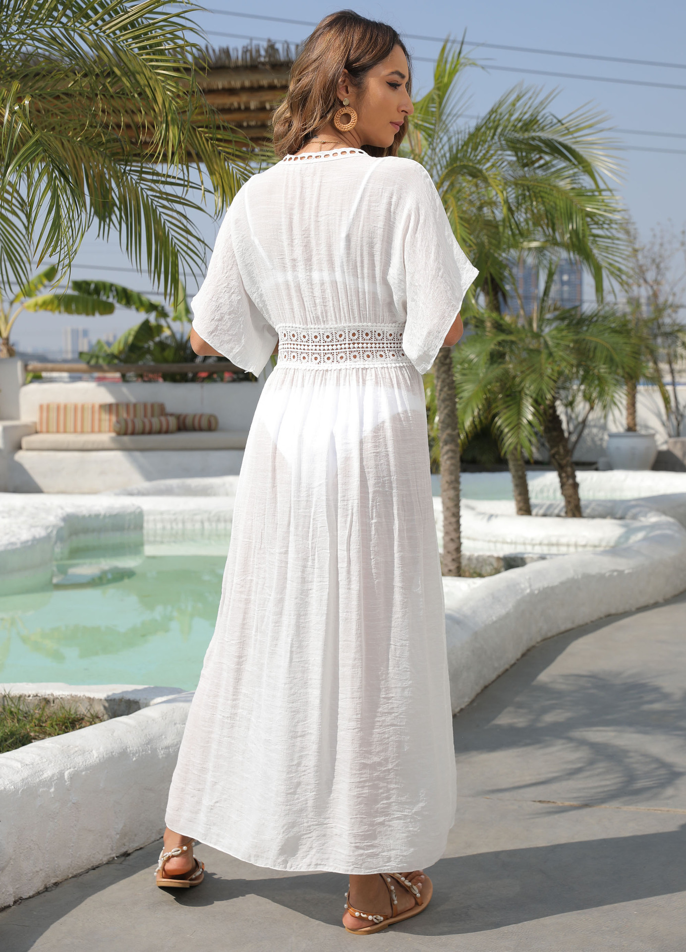 Placket, Tie Placket Type Cotton, Polyester Fabric Type Long Top Length V Neck Neckline Women's Beach Solid Color Cover Ups