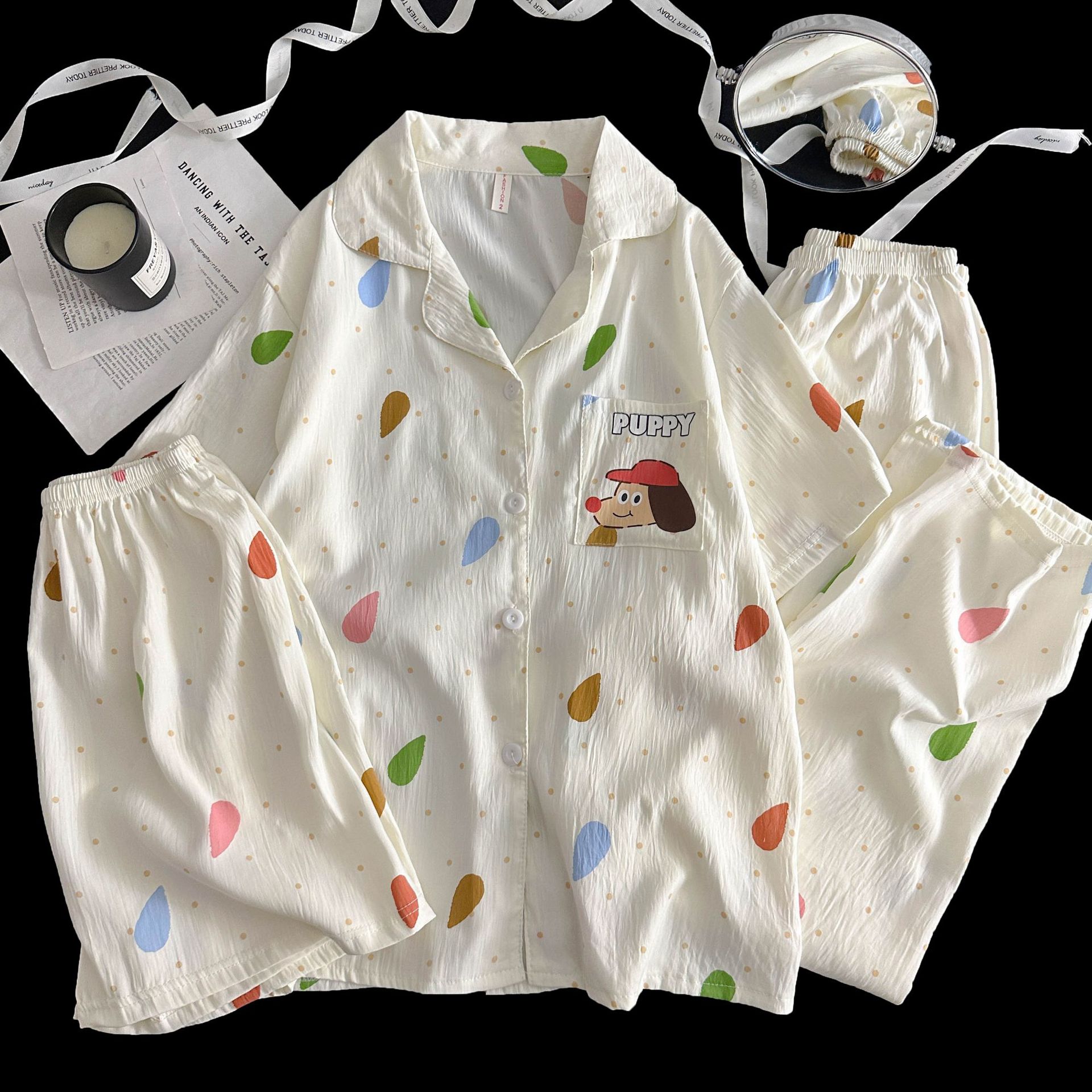 Comercio exterior transfronterizo 120G nube algodón traje de tres piezas pole point kt gato pijamas mujeres lindo solapa pantalones de manga corta servicio a domicilio