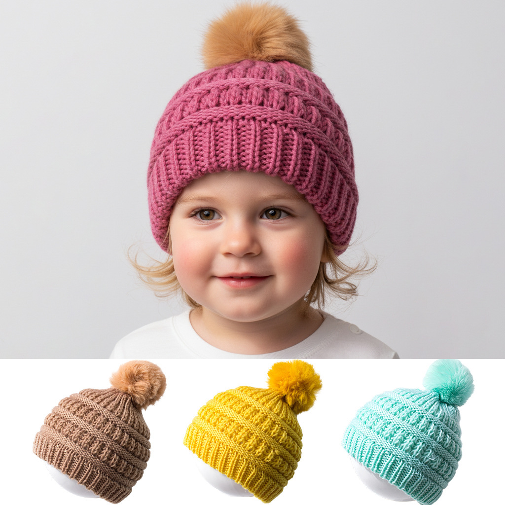 Cross-Border New Products European and American Fashion Children's Hats Knitted Wool Hats with Large Brim and Pom-Poms for Warmth Wholesale from Manufacturers