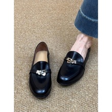 羊皮版~复古金属锁扣乐福鞋单鞋女圆头真皮擦色一脚蹬平底小皮鞋