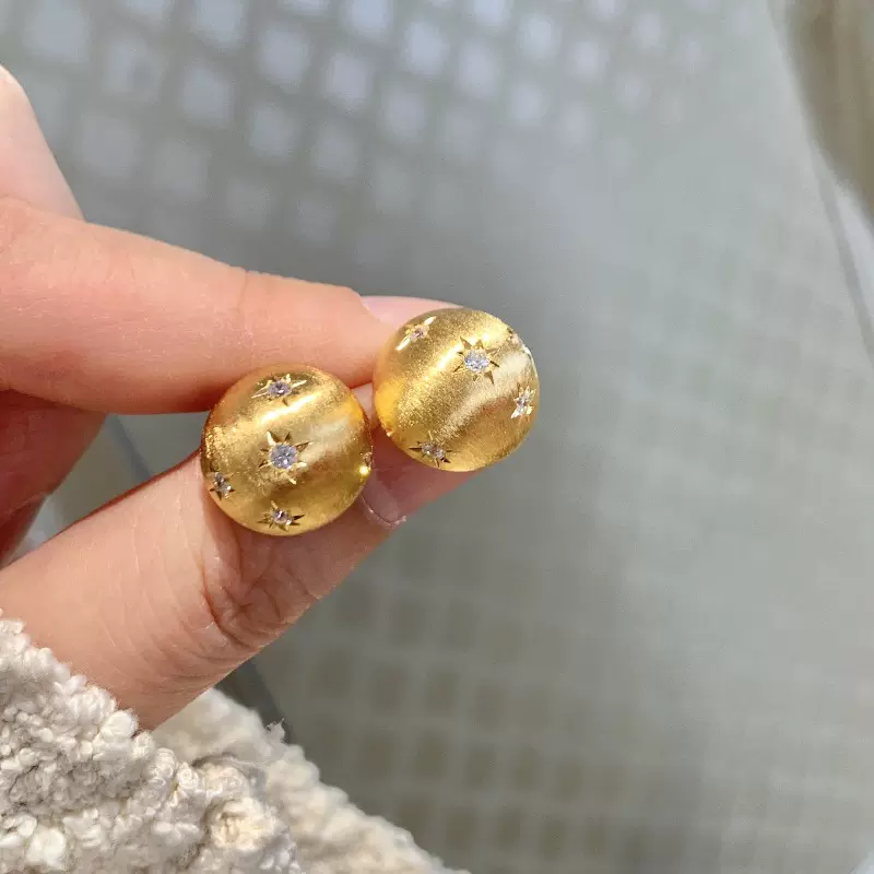 法式复古老钱风圆形拉丝满天星星芒耳钉中古鎏金镶钻小众个性耳饰