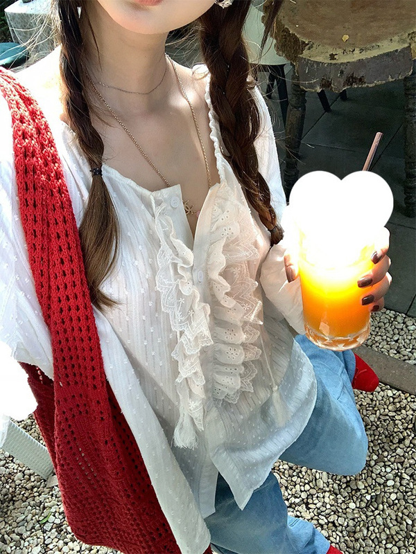 【现货】im向弗里落日蕾丝花边可调节领口提花衬衫女防晒长袖衬衣|undefined