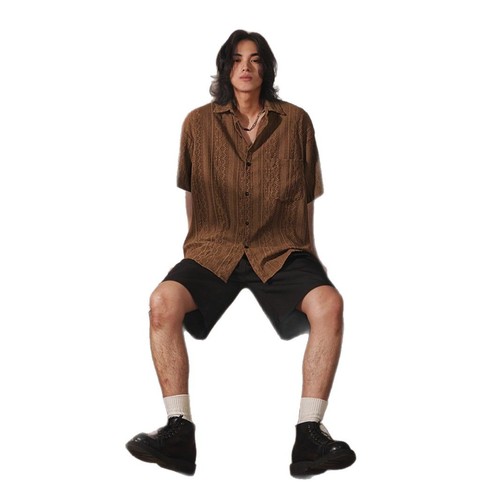 Japanese retro niche design sense hollow short-sleeve shirt for men, summer ethnic style casual cool handsome loose top trendy