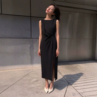 欧美亚马逊跨境新款静奢风长裙纯色无袖圆领开叉包臀修身连衣裙