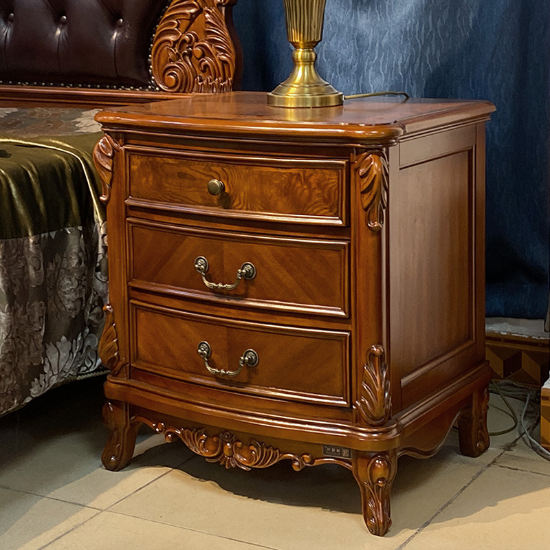 American Style Country Solid Wood Bedside Table European Style Vintage Carved Bedside Cabinet Bedroom Storage Storage Cabinet Bedside Small Cabinet