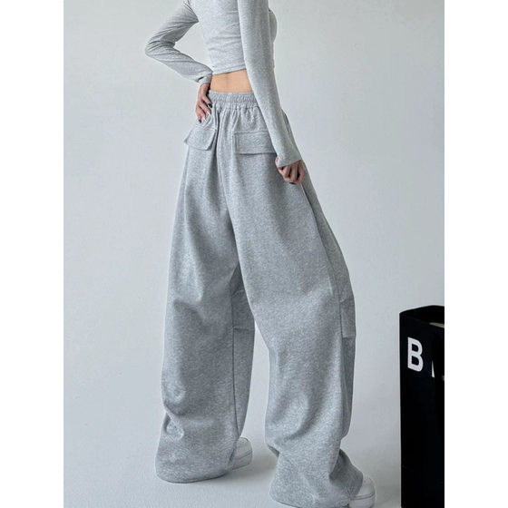 American Grey Sports Pants Women's Spring and Autumn New High Waist Straight Loose Casual Sweatpants Workwear Wide Leg Pants Women's Trendy