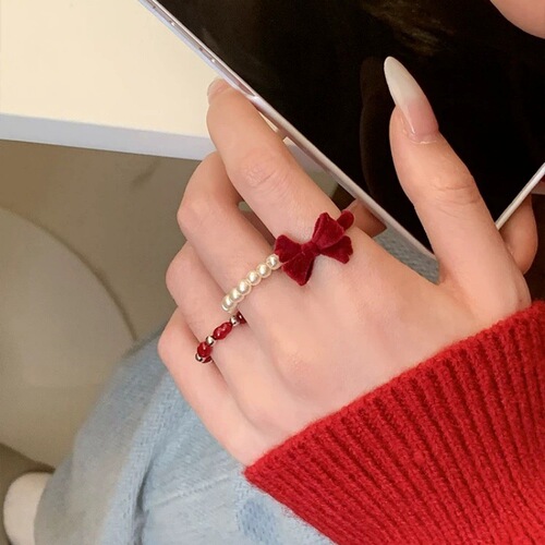 Retro velvet autumn and winter red bow pearl bead ring sweet and upscale design index finger ring for women