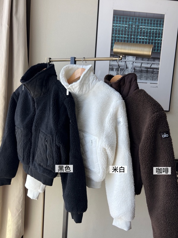 alo新款羊羔绒拼接长袖拉链立领保暖外套女运动休闲飞行夹克上衣|undefined