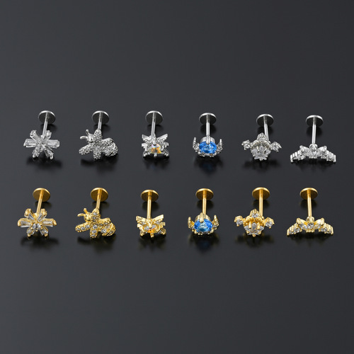 Cross-border best-selling flat bottom earrings, stainless steel rods, pierced threaded ear bone nails, micro-inlaid zircon geometric lip nails for women