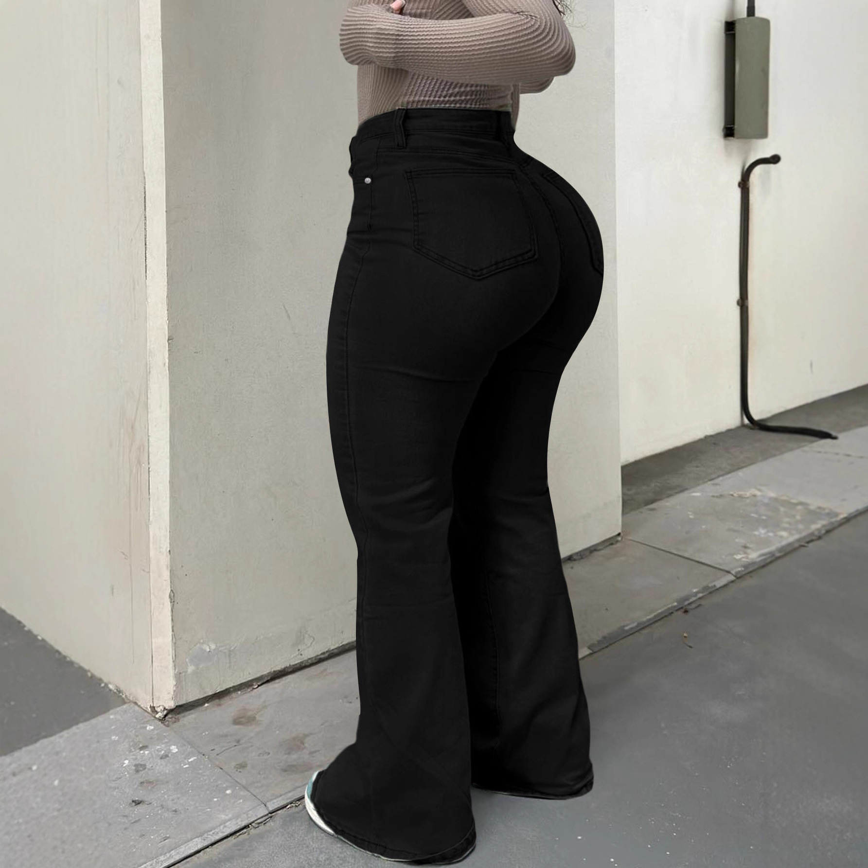 Women's Clothing Plus Size Jeans, High Waisted Flared Denim, Solid Color, Street Style, High Elasticity, Slim Fit, With Pockets._voghion.com