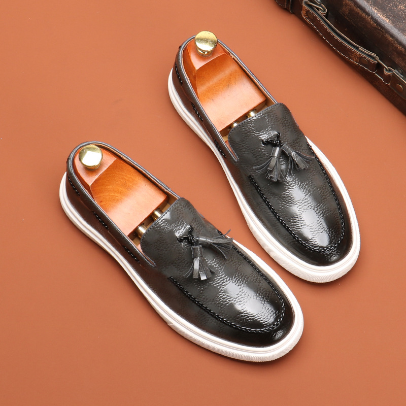 New bean shoes men's loafer English fringe advanced slip-on_vogvips.com