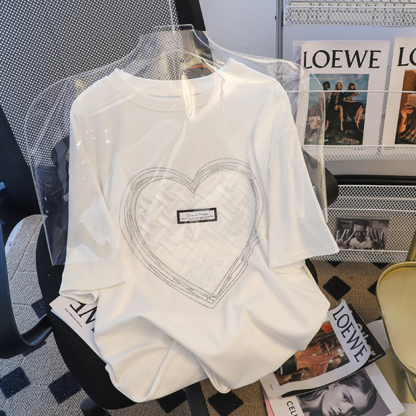 [200g cotton loose T-shirt] back bag collar TikTok same style summer new three-dimensional decoration plus size short sleeve women