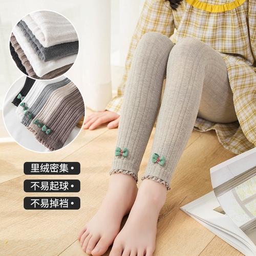 Green bowknot children's leggings, wear spring and autumn girls 'velvet cotton pants, thick winter warm pants