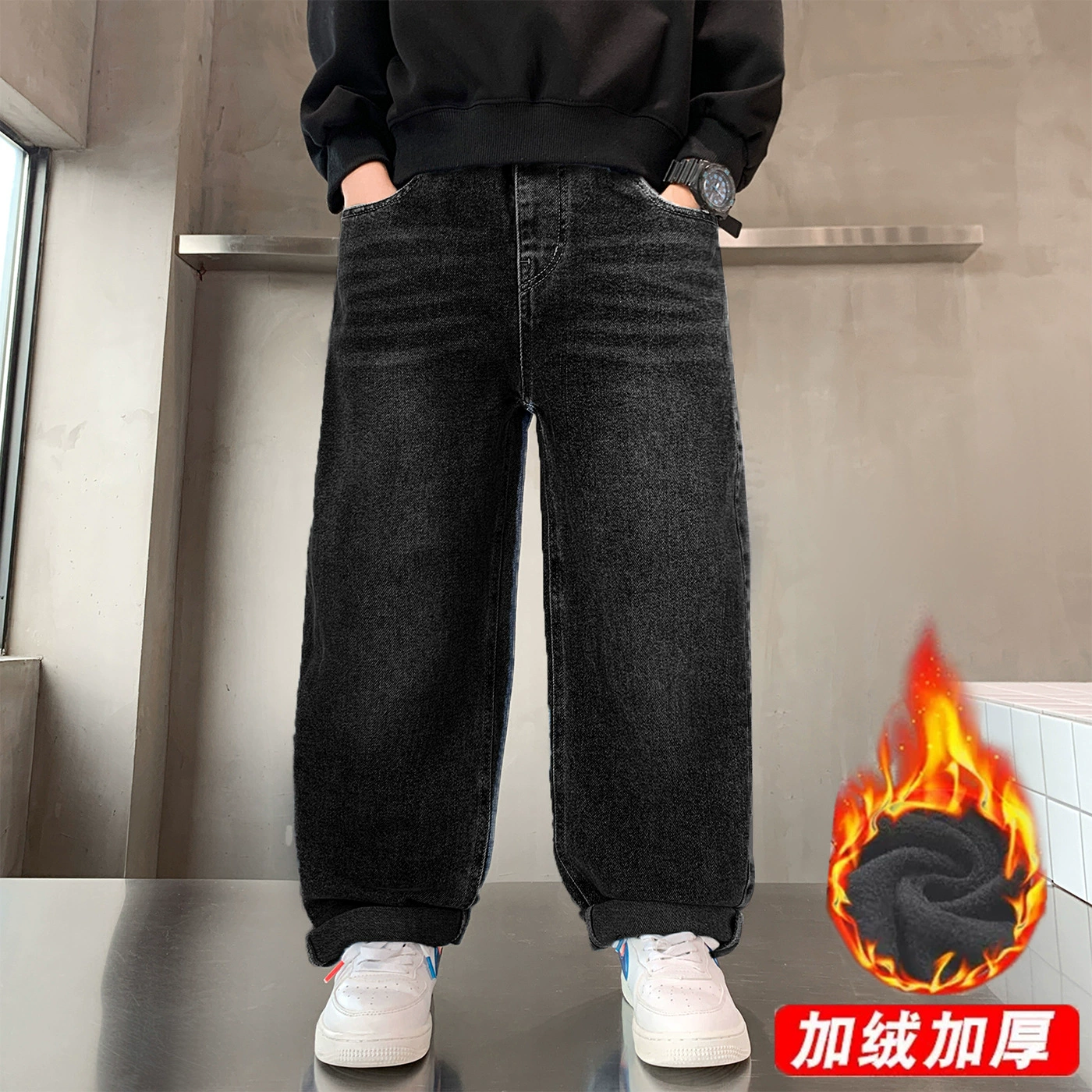 Boys autumn jeans — loose-fit fleece-lined winter trousers, multi-size 120–180 cm