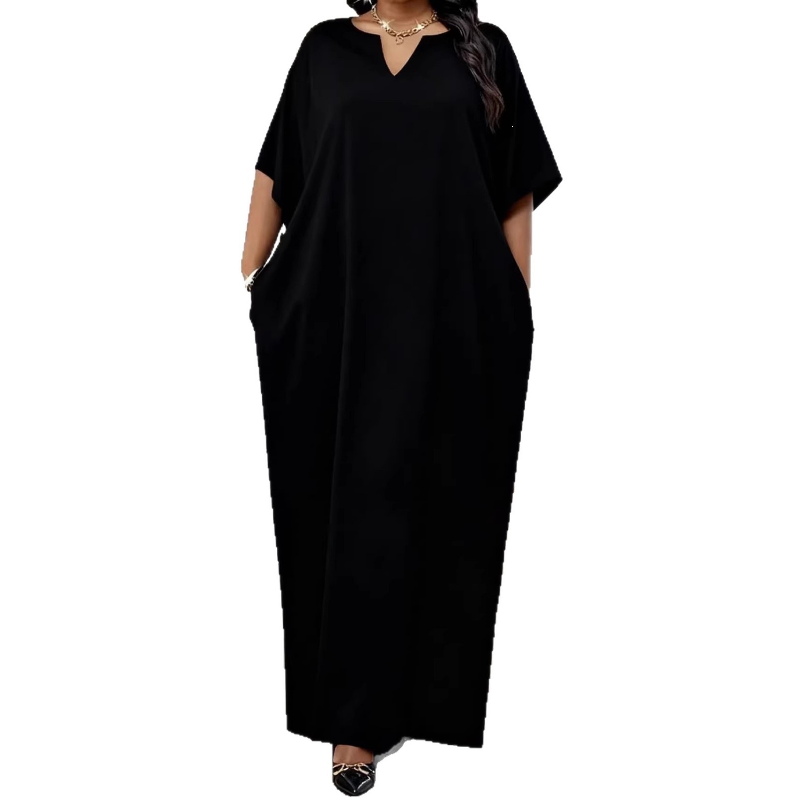 Women's Clothing Elegant V-Neck Long Dress Solid Color Plus Size Loose Fit Robe Fashionable_ecoleips.com