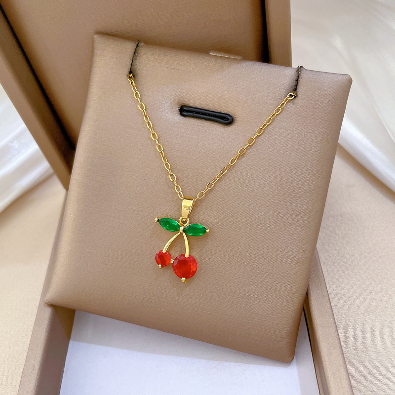 Red Cherry Fruit Necklace Diamond Luxury Clavicle Chain Jewelry_voghion.com