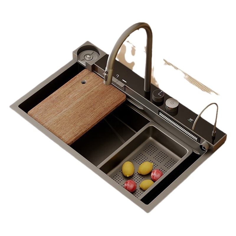 Fregadero de cocina de acero inoxidable 304 de 5 mm de grosor con desagüe lateral tipo panal, pantalla digital de funciones completas y un solo tanque grande.