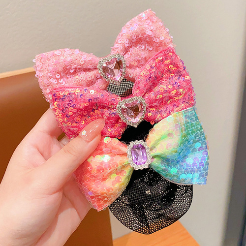 Children's hair net pink bow hair clip for girls, lazy bun hair tool, round hair hair bag, spring clip for girls